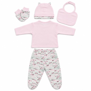 Set nou-nascut fetita 5 piese din bumbac roz cu iepuras si pantaloni cu botosei - Img 5