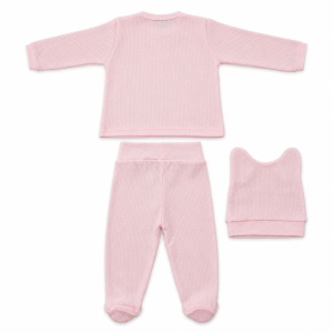 Set nou nascut fetite 3 piese din bumbac roz cu iepuras, bluzita, pantaloni cu botosei si caciulita - Img 4