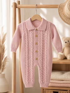 Set premium pentru bebe fetita din lana de oaie 4 piese cu port-bebe tricotat roz, prezentare in decor