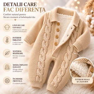 Set premium pentru nou nascut din lana de oaie cu combinezon imblanit, paturica si accesorii 5 piese - Img 3