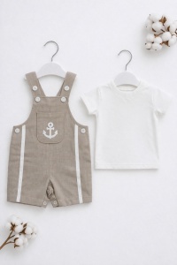 Set vara bebe 2 piese salopeta si tricou bumbac model ancora - Img 2