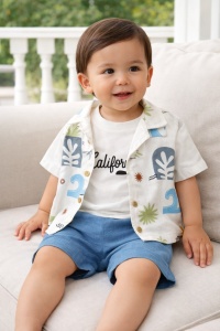 Set vara bebe 3 piese bumbac maieu camasa si pantaloni scurti casual