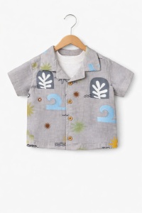 Set vara gri bebe 3 piese bumbac tricou camasa si pantaloni scurti casual - Img 5