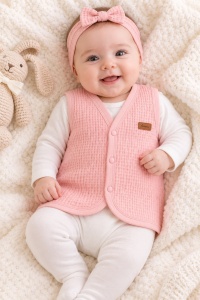 Vesta bebe roz din bumbac waffle, cu capse, moale si confortabila