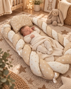 Baby nest 60x80 cm cu impletitura si pernuta, bej crem, model Stelute pentru nou nascuti
