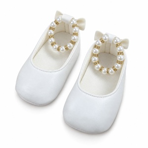 Balerini bebe fetite albi cu perle decorative si talpa moale