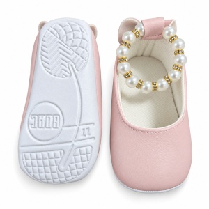 Balerini bebe fetite roz cu perle decorative si talpa moale - Img 4