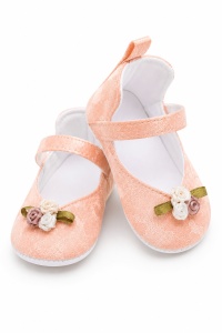 Balerini bebe roz piersica eleganti cu floricele decorative pentru fetite - Img 2