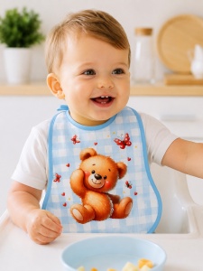 Bavetica bebe impermeabila bleu cu ursulet dragalas pentru hranire si diversificare
