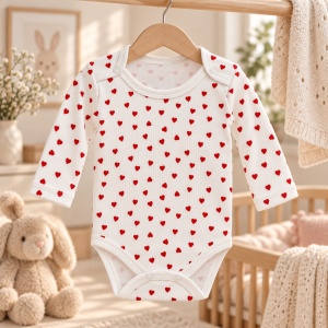 Body bebe alb din bumbac cu inimioare rosii, maneca lunga si capse pe umeri