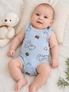 Body bebe albastru bumbac fara maneci imprimeu ursuleti rib moale