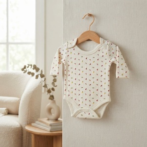 Body bebe din bumbac crem cu floricele colorate, maneca lunga si capse pe umeri