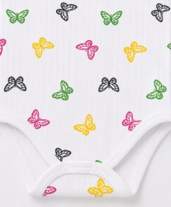 Body bebe fara maneci alb din bumbac reiat cu imprimeu fluturi colorati - Img 4