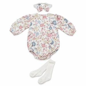 Body bebe fetita din muselina cu imprimeu floral, bentita cu funda si sosete - Img 5