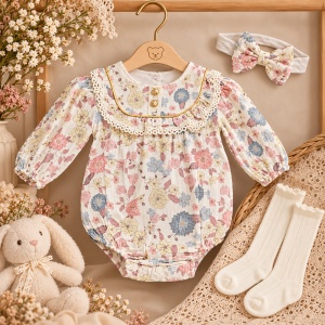 Body bebe fetita din muselina cu imprimeu floral, bentita cu funda si sosete - Img 2