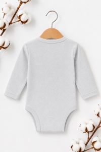Body bebelusi gri deschis din bumbac cu maneca lunga, body unisex cu capse - Img 2