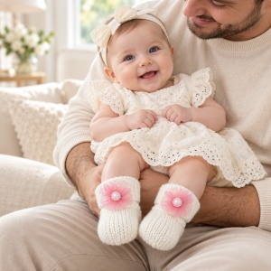 Botosei din lana pentru bebelusi fetite, tricotati, ivoire cu floare roz din tul si perla