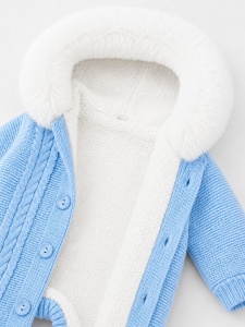 Combinezon bebe baiat bleu tricotat, imblanit integral, cu gluga si blanita premium - Img 4