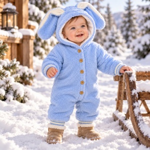 Combinezon bebe din blanita bleu captusit cu bumbac, gluga cu urechi