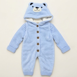 Combinezon bebe din lana de oaie bleu captusit cu bumbac, model ursulet - Img 3