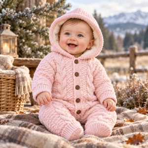 Combinezon bebe din lana naturala roz cu gluga, imblanit complet, model tricotat