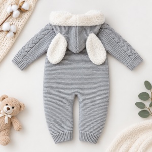 Combinezon bebe gri tricotat premium cu interior imblanit, gluga cu urechiuse si model impletit, detaliu material si finisaje