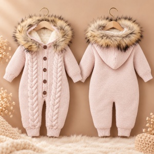 Combinezon bebe premium din lana naturala cu blanita naturala si gluga - Img 3
