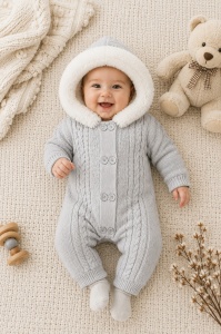 Combinezon bebe unisex gri deschis tricotat, imblanit integral, cu gluga si blanita premium