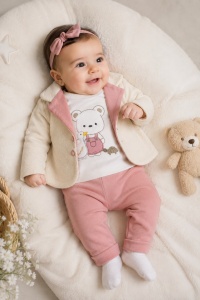 Compleu 3 piese bebe fetite roz cu sacou teddy, bluza cu ursulet si pantaloni