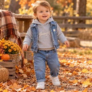 Compleu baieti 3 piese cu blugi albastri vesta denim si hanorac gri cu gluga