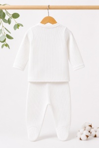 Compleu bebe alb cu caciulita si broderie girafa din bumbac ribat premium - Img 4