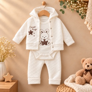 Compleu bebe baiat 3 piese, bumbac, body cu iepuras, pantaloni si jacheta cu gluga, alb - Img 3