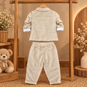 Compleu bebe baiat 3 piese din bumbac cu sacou si pantaloni bej - Img 4