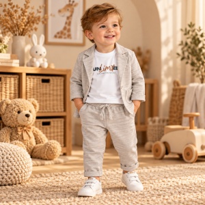 Compleu bebe baiat 3 piese din bumbac cu sacou si pantaloni gri