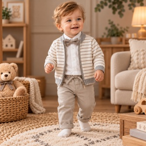 Compleu bebe baiat 4 piese, camasa, cardigan tricotat, pantaloni si papion, gri