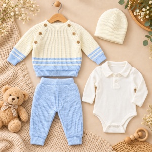 Compleu bebe baiat 4 piese, pulover si pantaloni din lana naturala, body si caciulita, bleu ivory - Img 2