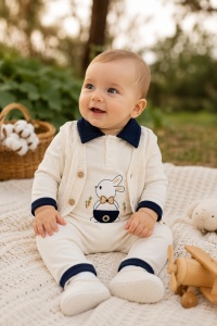 Compleu bebe baieti 3 piese crem cu body iepuras pantaloni si vesta tricotata