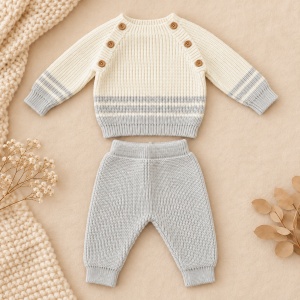 Compleu bebe din lana naturala cu pulover, pantaloni, body si caciulita, 4 piese crem gri - Img 4