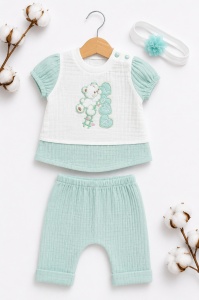Compleu bebe din muselina verde menta cu ursulet love si bentita 3 piese - Img 2