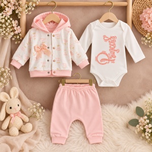 Compleu bebe fetita 3 piese din bumbac cu hanorac, body si pantaloni roz piersica - Img 4