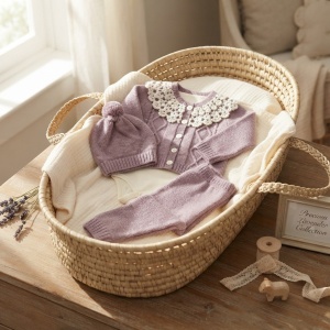 Compleu bebe fetita mov tricotat cu guler din dantela si pantaloni, prezentare in decor