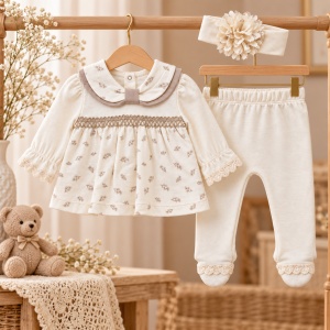 Compleu bebe fetita din bumbac cu bluza, pantaloni cu botosei si bentita, crem