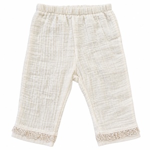 Compleu bebe fetite 3 piese din muselina, bluza cu dantela, pantaloni si bentita, crem - Img 4