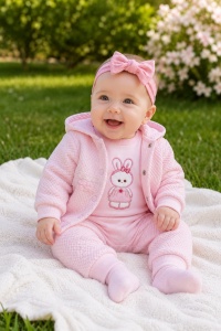 Compleu bebe fetite 3 piese roz cu hanorac body iepuras si pantaloni din bumbac