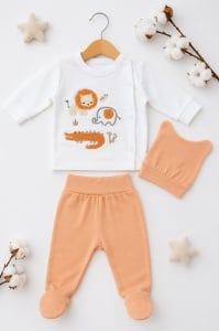 Compleu bebe portocaliu din bumbac cu caciulita si imprimeu animalute safari - Img 2
