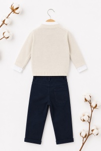 Compleu elegant bebe baieti 4 piese cu pantaloni bleumarin si papion - Img 6