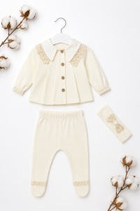 Compleu elegant bebe fetita crem cu dantela si bentita 3 piese - Img 2
