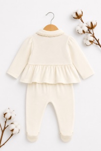 Compleu elegant bebe fetita crem cu dantela si bentita 3 piese - Img 4
