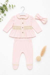 Compleu elegant bebe fetita roz pudrat cu bentita si dantela 3 piese - Img 2