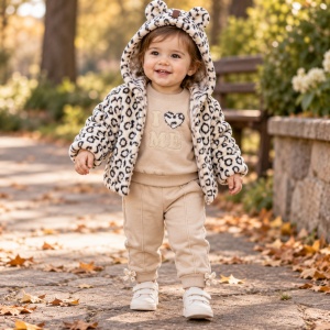 Compleu fetita 3 piese bumbac bej cu geaca pufoasa animal print